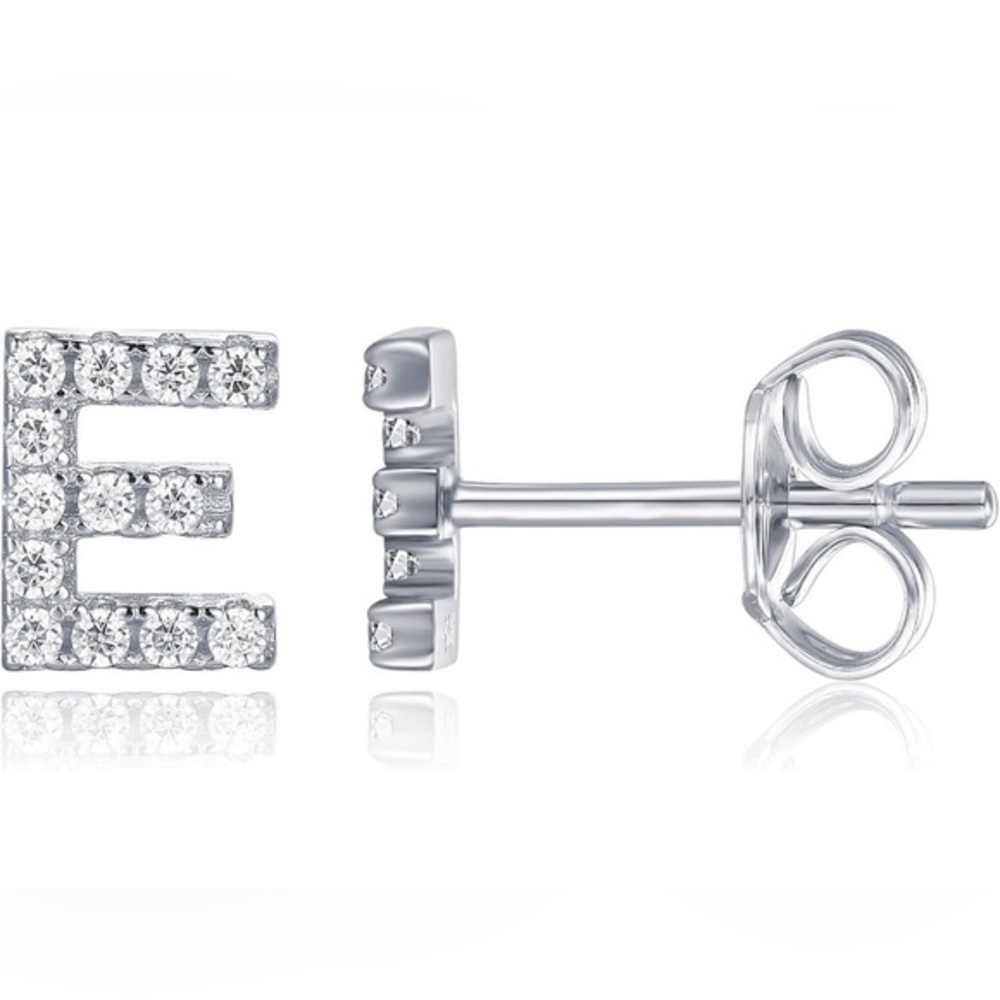 PAVOI 925 Sterling Silver CZ Initial E Stud Earrings White Gold Tone